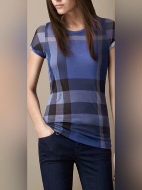 Burberry Blue Plaid Short Sleeve Top